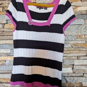JEANNE PIERRE Black and White Striped Top with Pink Trim